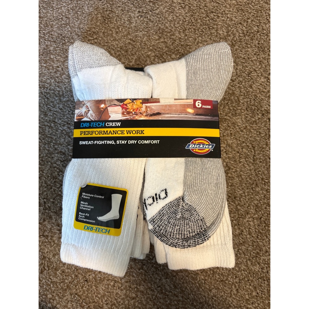 Dickies Crew Performance Work Socks Mens 6-12 White New Dri-Tech 6-Pack I11750